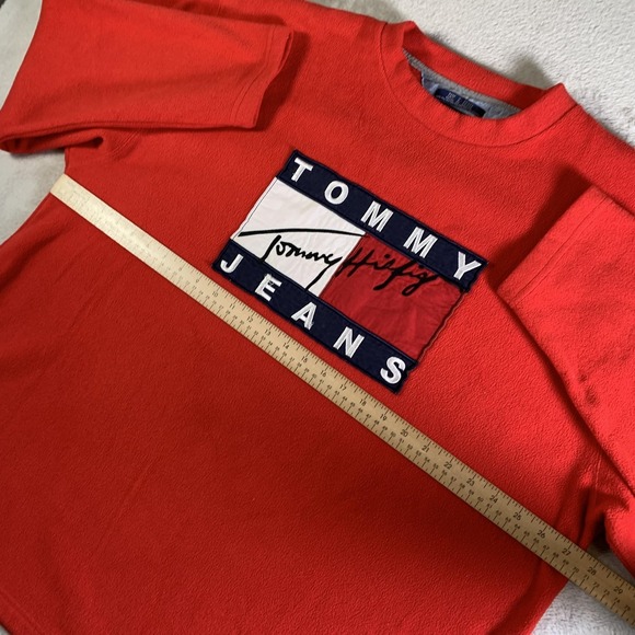 Vintage Tommy Jeans Sweatshirt Mens XL Red Fleece Crewneck Flag Logo 90s - Picture 4 of 8